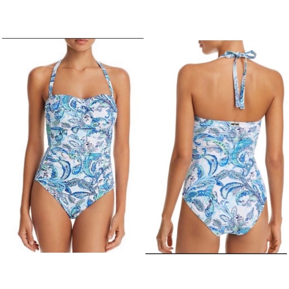 Lauren Ralph Lauren Paisley Ruched One Piece Swimsuit Blue Green Halter Size 10